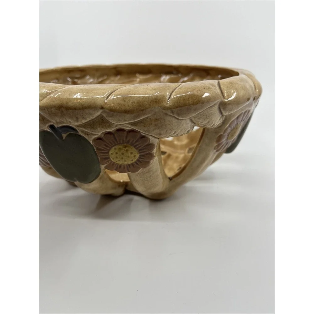 Vtg 80s Ceramic Lattice Open Weave Bread Basket Bowl Green Apple Daisy 9.5